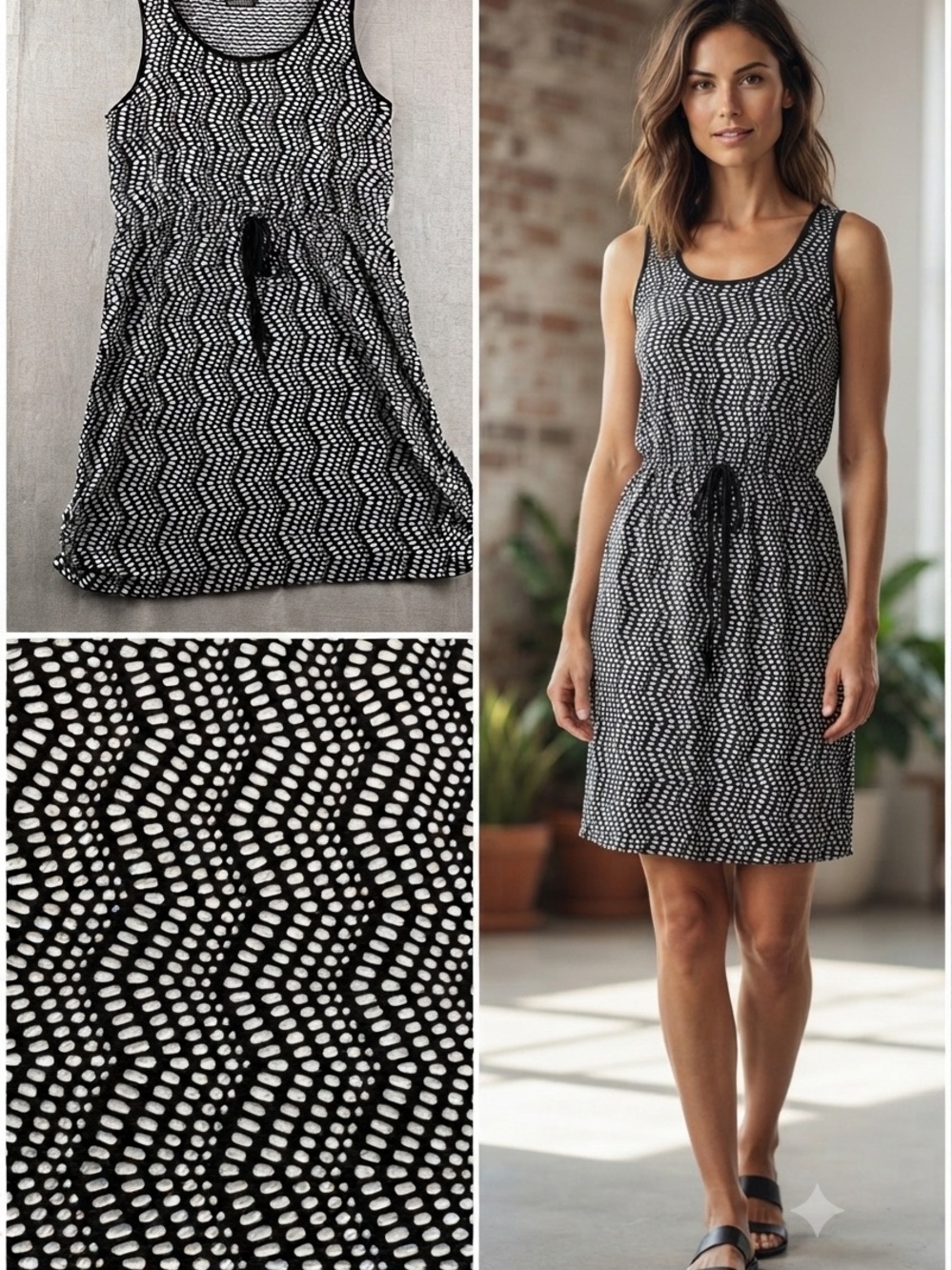Paper Moon Polka Dot Tank Dress Black White Zig Zag Stretch Boho Casual S M